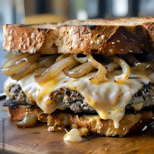 patty melt with meat, onion and cheese photo