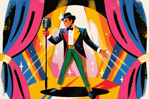 Vintage-Style Illustration of a Showman on Stage with a Microphone
