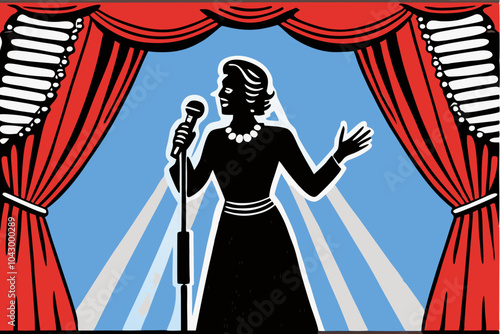 Elegant Female Singer Performing on Stage with Vintage Microphone