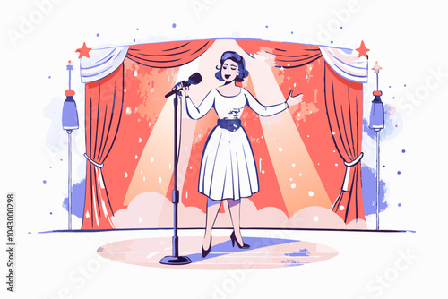 Vintage-Style Female Singer Performing on Stage Illustration