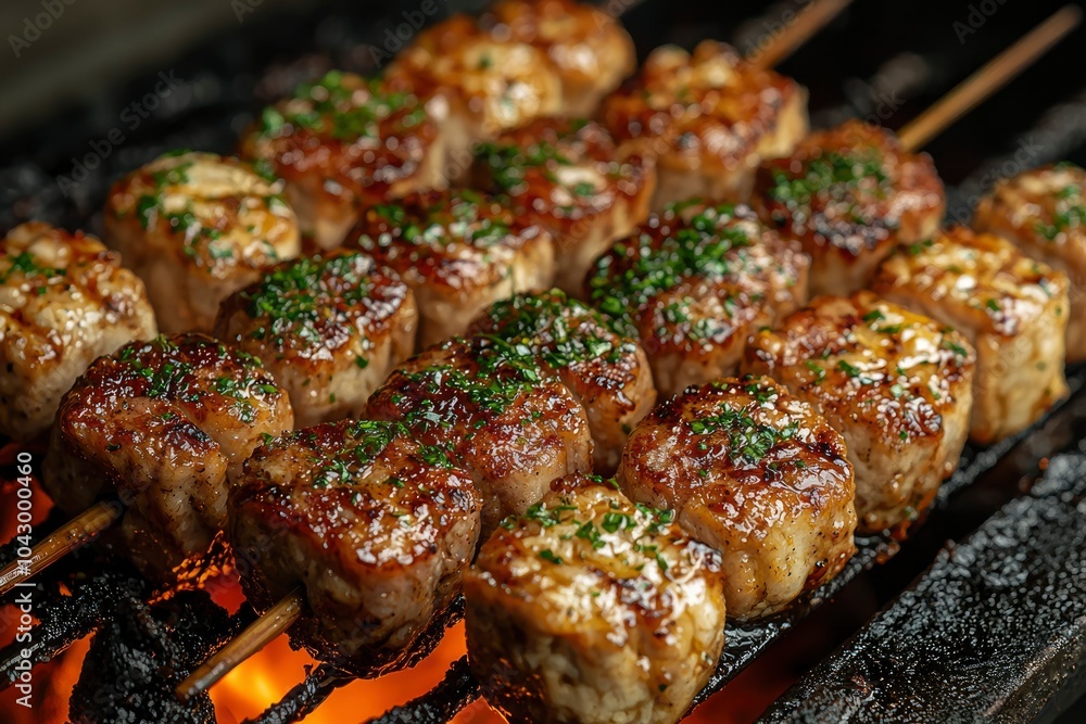 Close-up of Grilled Skewers with Glazed Meat and Green Herbs Close-up of Grilled Skewers with Glazed Meat and Green Herbs