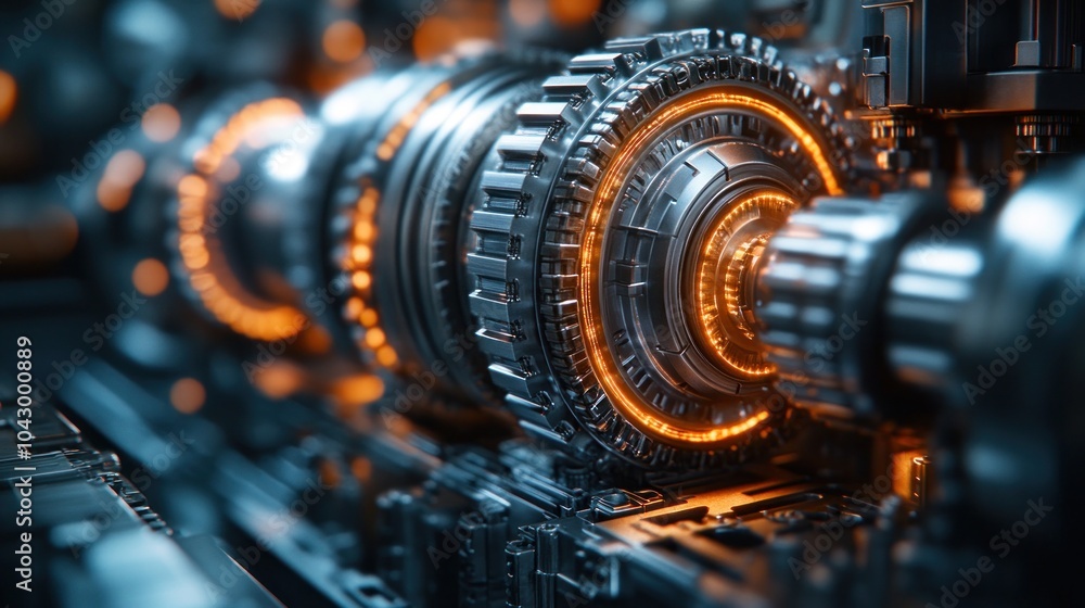 Fototapeta premium Close-up of intricate mechanical gears with glowing elements.