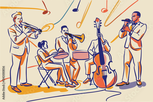 Vibrant Jazz Band Performing With Instruments Illustration
