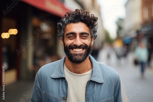 Portrait of a handsome man with curly hair smiling at the camera