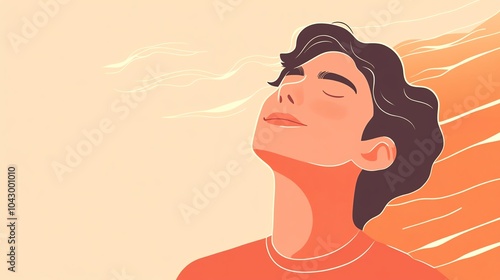 Person enjoying tranquility with closed eyes, serene expression, and warm color background. photo