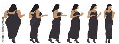 Conceptual fat overweight obese female vs slim fit healthy body after weight loss or diet on white background banner. A  fitness, nutrition or obesity, health shape illustration vector as silhouettes