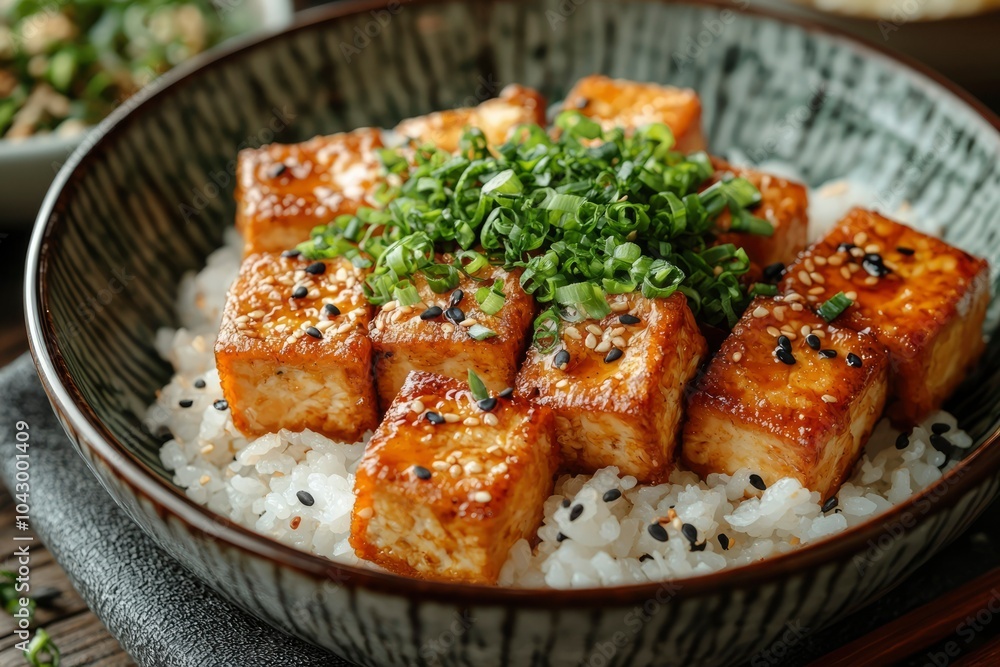 Bowl of Teriyaki Tofu with Sesame Seeds and Green Onions over Rice Bowl of Teriyaki Tofu with Sesame Seeds and Green Onions over Rice