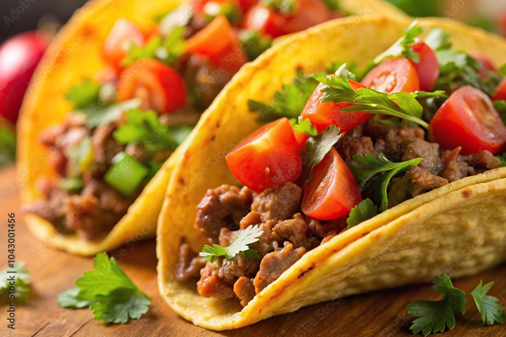Extreme close-up of a delicious beef taco with tomato and cilantro Extreme close-up of a delicious beef taco with tomato and cilantro