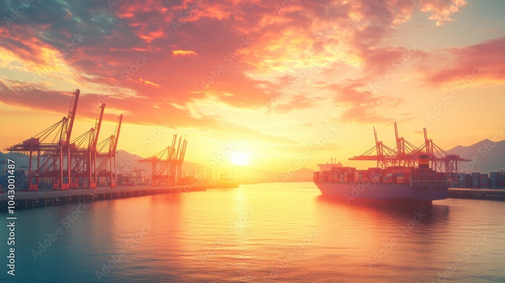 Obraz premium At the break of dawn, a bustling port comes to life with cargo ships and cranes orchestrating the loading of containers against the backdrop of a brilliant sunrise