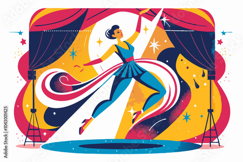 Dynamic Female Circus Performer on Colorful Abstract Stage