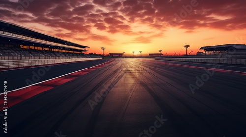 Evening scene asphalt international race track with panoramic sunset background