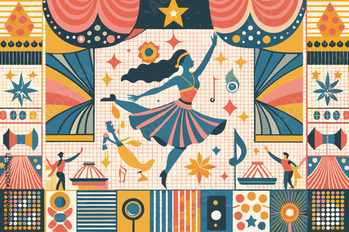 Vibrant Vintage Circus Illustration with Entertainer and Decorations
