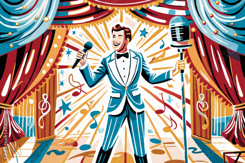 Vintage-Style Illustration of a Smiling Showman on Stage with Microphone