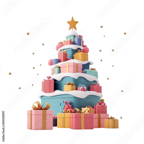 Christmas tree made from gift boxes 3D icon cartoon minimalist isolate on transparent background photo