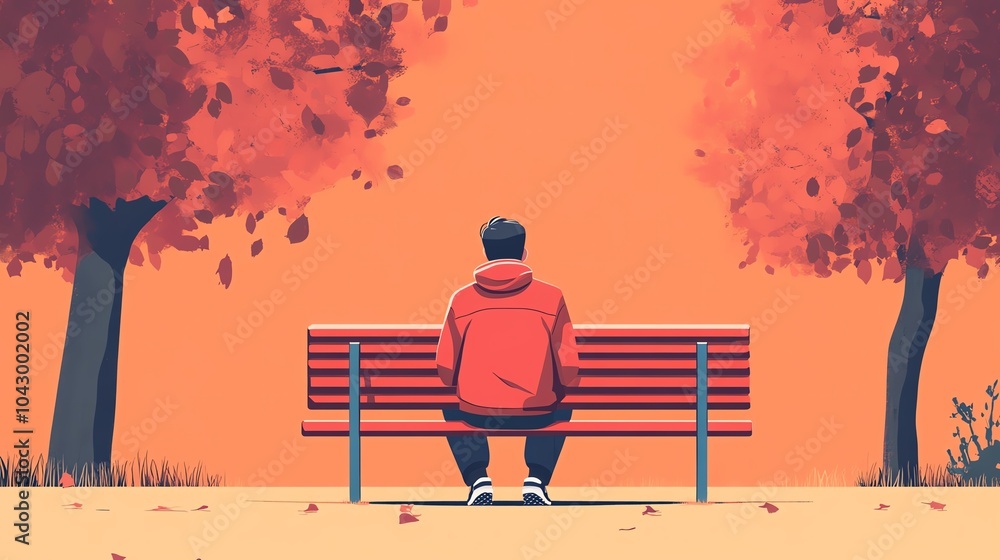Person sitting on a bench surrounded by autumn trees and a colorful background Person sitting on a bench surrounded by autumn trees and a colorful background