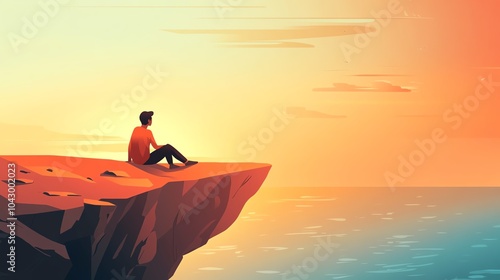 Person sitting on a cliff watching sunset over calm ocean, serene atmosphere.