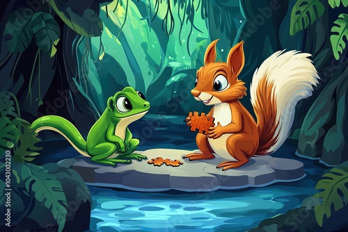 Cartoon Squirrel and Frog Solving a Puzzle in a Secret Cave