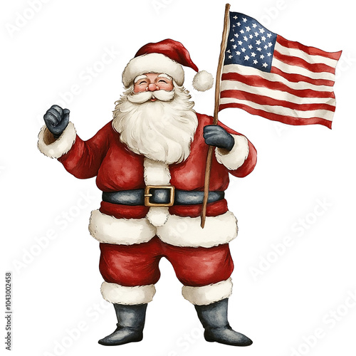 Santa holding an american flag. He is smiling. He is wearing a red suit