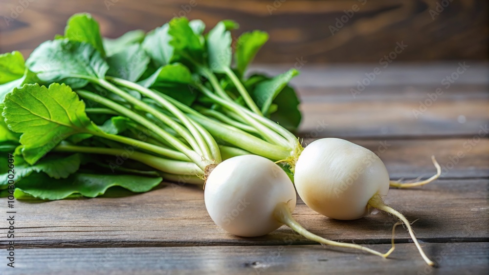 Extreme close-up of a pair of white radishes with green leaves Extreme close-up of a pair of white radishes with green leaves
