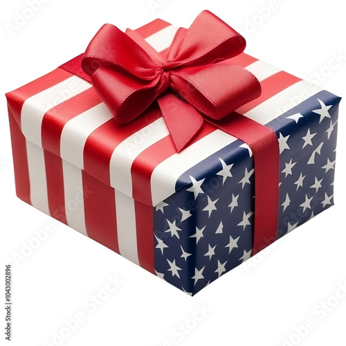 A red, white, and blue box with a red ribbon and stars on it. The box is a gift photo