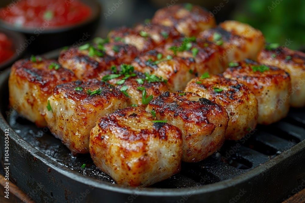 Grilled meat skewers with herbs in a black pan Grilled meat skewers with herbs in a black pan