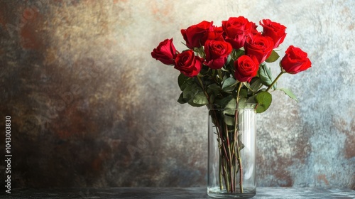 Fototapeta Naklejka Na Ścianę i Meble -  Dozen long stemmed red roses in tall glass vase