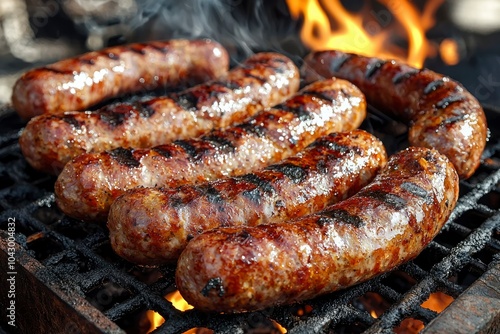 Close-up of Grilled Sausages on a Charcoal Grill with Flames Visible