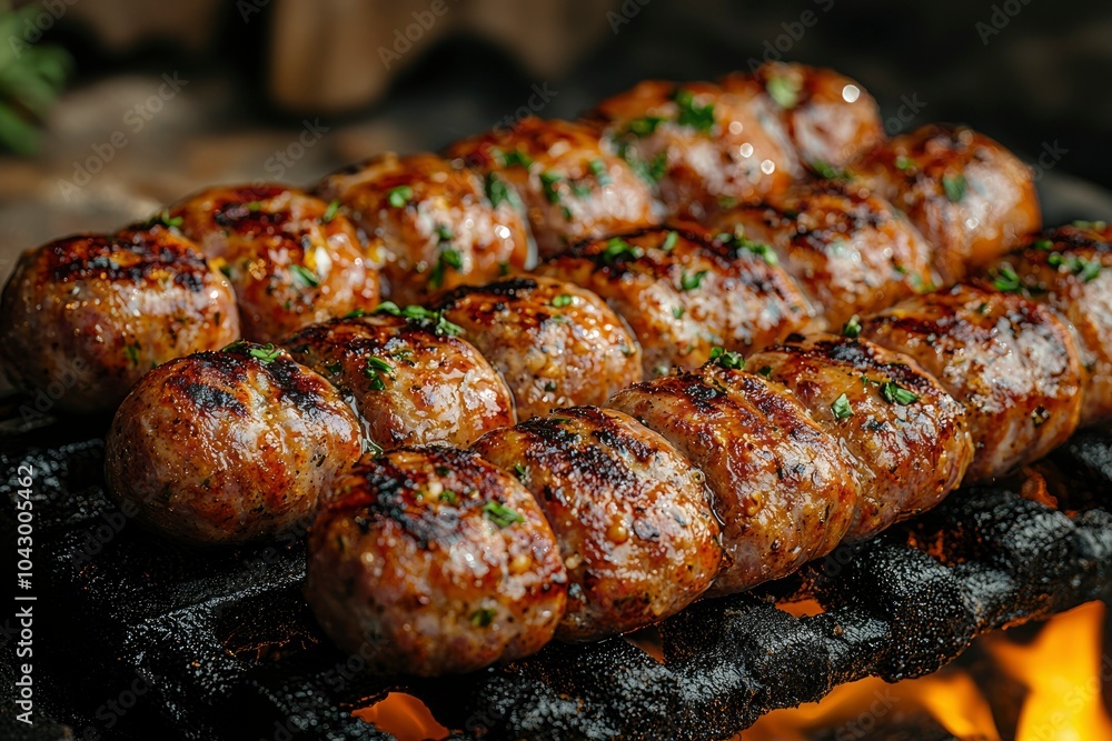Close-up of Grilled Meatballs on a Hot Grill with Flames Below Close-up of Grilled Meatballs on a Hot Grill with Flames Below