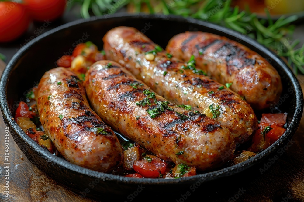 Grilled Sausages in a Cast Iron Skillet with Onions and Tomatoes Grilled Sausages in a Cast Iron Skillet with Onions and Tomatoes