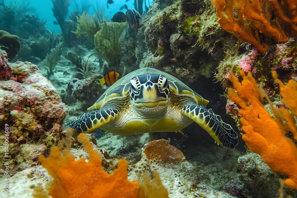 Obraz premium An underwater photo of a playful sea turtle swimming through a vibrant coral reef, surrounded by colorful fish and plants. 