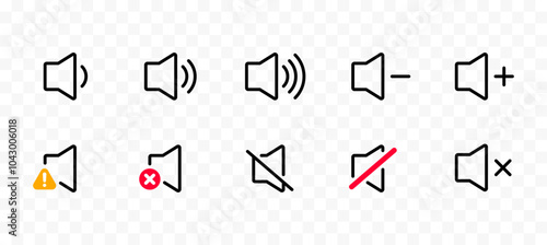 A set of volume control icons in flat design style, representing various audio states such as increasing, decreasing, muted, and sound warnings.