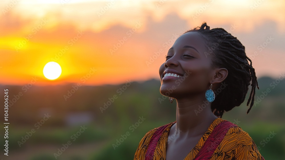 Happy black woman smiling and enjoying outdoor during a beautiful sunset Happy black woman smiling and enjoying outdoor during a beautiful sunset