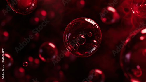 Close-up of red bubbles floating in liquid with a dark background during an artistic exploration of fluid dynamics