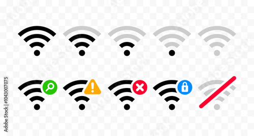 Wi-Fi symbol. Full and weak signal indicators, symbols for searching, warnings, errors, security, and no connection.