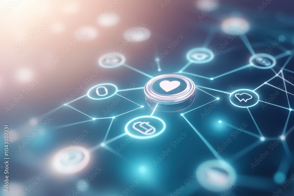 A futuristic digital network connecting various icons, emphasizing communication, connection, and technology of the modern age. A futuristic digital network connecting various icons, emphasizing communication, connection, and technology of the modern age.