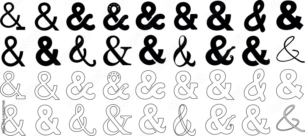 Ampersand symbols vector in various bold, thin, dotted, and outlined styles. collection of ampersands featuring typography variations & design versatility for creative and professional project Ampersand symbols vector in various bold, thin, dotted, and outlined styles. collection of ampersands featuring typography variations & design versatility for creative and professional project