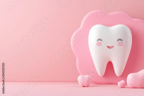 Playful dental illustration featuring a smiling tooth against a soft pink background, perfect for children's dental health themes. photo