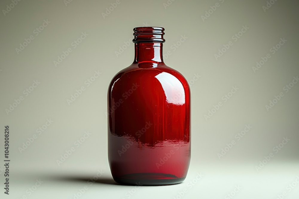 A Single Red Glass Bottle with a Wide Base and a Rounded Shape A Single Red Glass Bottle with a Wide Base and a Rounded Shape