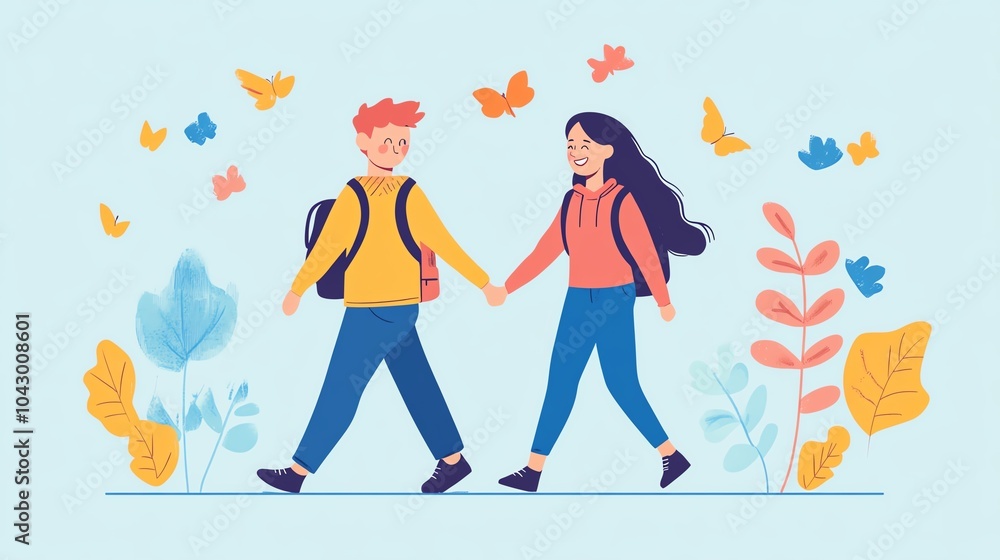 Fototapeta premium Couple walking hand in hand amidst butterflies and flowers.