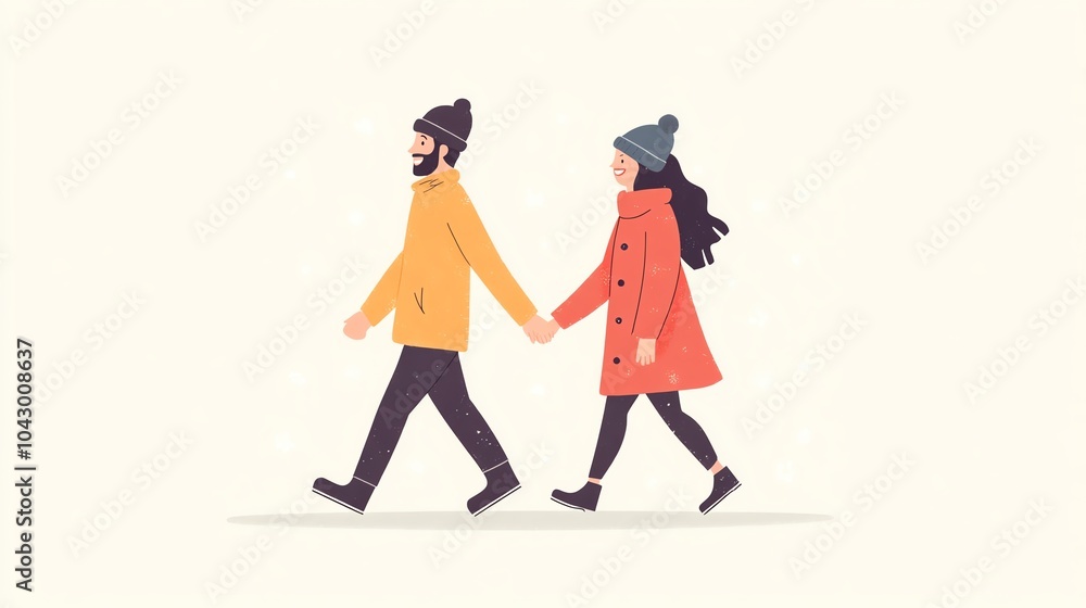 Couple walking hand in hand on a pleasant day, wearing stylish winter outfits. Couple walking hand in hand on a pleasant day, wearing stylish winter outfits.