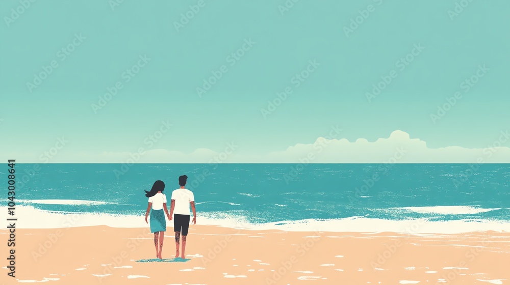 Couple walking on a beach, serene ocean view, gentle waves, clear sky background. Couple walking on a beach, serene ocean view, gentle waves, clear sky background.