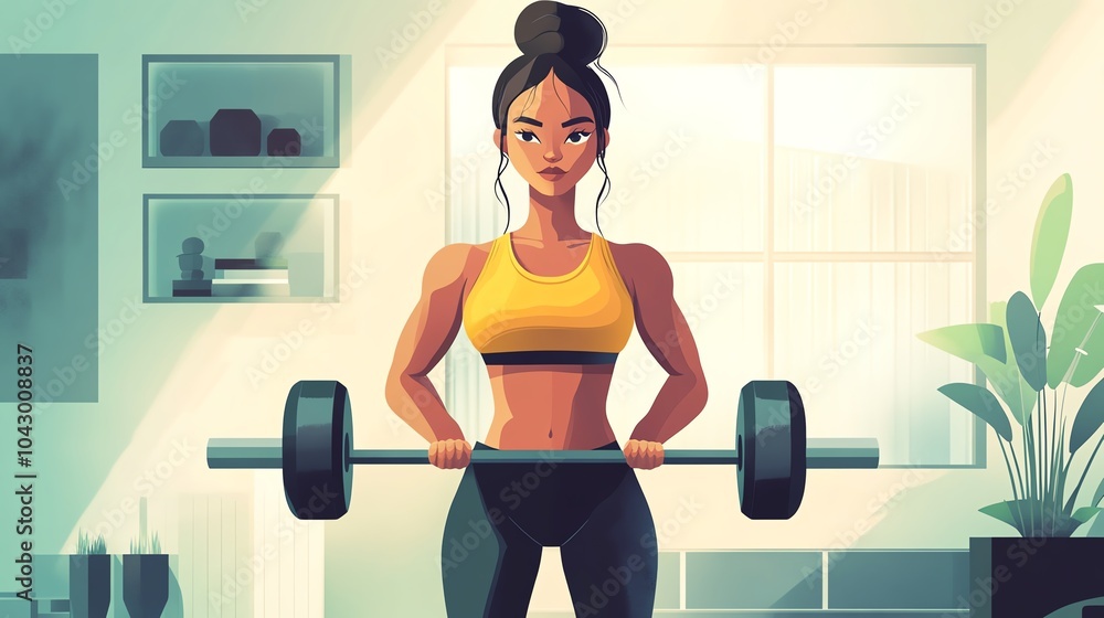 Fototapeta premium Fit woman lifting dumbbell in modern home gym, bright and motivational atmosphere.
