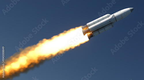 Rocket launching into a clear blue sky