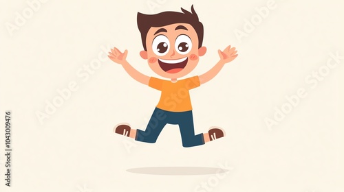 Happy cartoon boy jumping with joy on a light background.