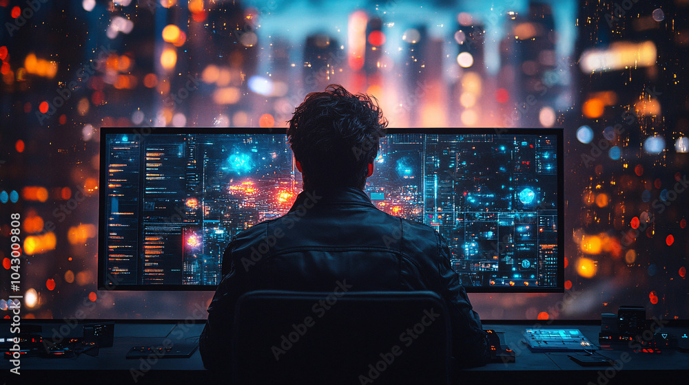A person wearing a leather jacket sits in front of a massive screen filled with glowing blue and orange data visualizations A person wearing a leather jacket sits in front of a massive screen filled with glowing blue and orange data visualizations