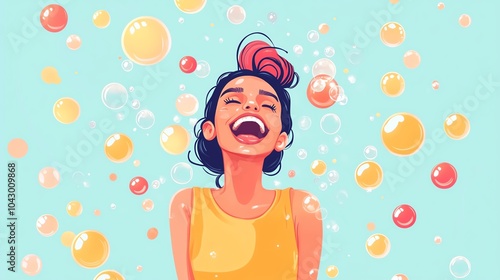 Happy woman with colorful bubbles, smiling joyfully, bright background.