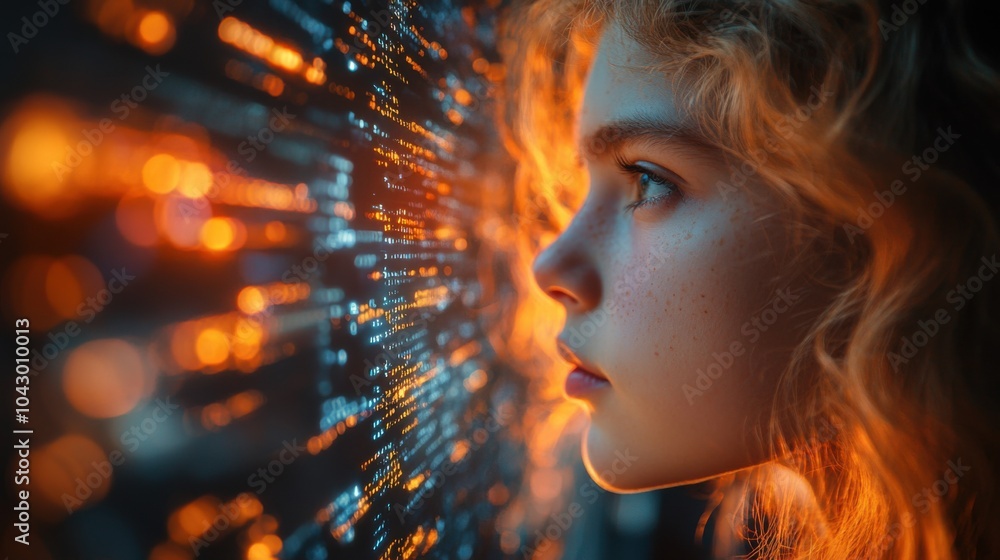 A profile of a girl gazing at a digital display of lights. A profile of a girl gazing at a digital display of lights.