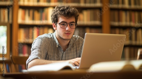 Thoughtful young male college student typing on laptop in public library, thinking on report, article, essay, research paper, studying on internet, sitting at table with open books.