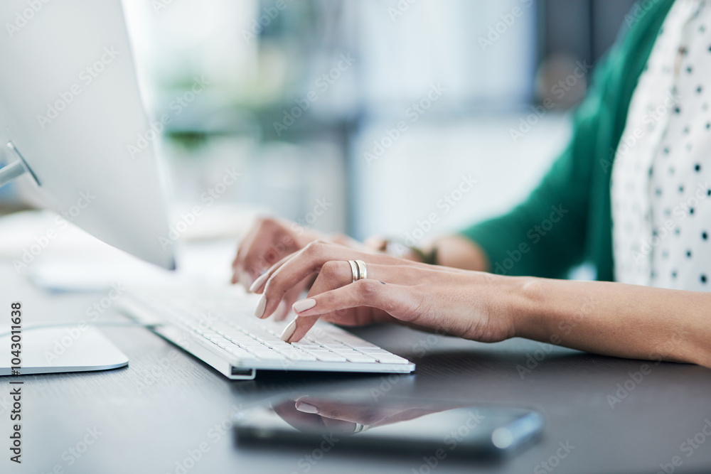 Hands, typing and keyboard with computer in office, planning and editing for project at media company. Person, writer and click with pc for report, review or proposal with feedback at creative agency Hands, typing and keyboard with computer in office, planning and editing for project at media company. Person, writer and click with pc for report, review or proposal with feedback at creative agency