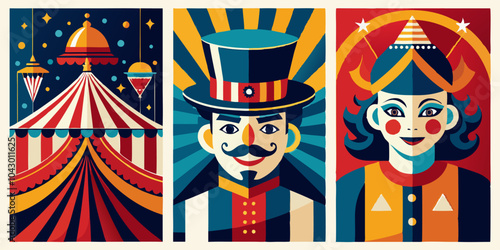 Vintage circus art: whimsical carnival tent, ringmaster, and performer illustrations for posters